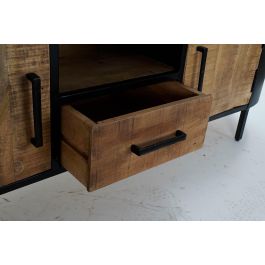 DKD Home Decor Mueble TV Vintage de Madera Mango y Metal Natural Negro con 1 Cajón, 2 Puertas y 1 Estantería 160x43x51 cm