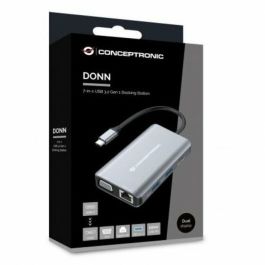 Conceptronic DONN21G Docking Station 7 en 1 USB-C a HDMI 4K, VGA, LAN GbE, USB 3.0 x3, PD 100W, Gris