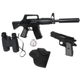 Gonher 446/6 Set de Policía Fuerzas Especiales: Rifle, Pistola Metal, Placa, Cartuchera y Prismáticos con Fulminantes 8 Tiros
