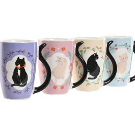 DKD Home Decor 12 Unidades Taza Shabby Porcelana New Bone Lila Azul Rosa Amarillo Gatos 8 x 12 x 11 cm Apta Microondas Lavavajillas 380ml
