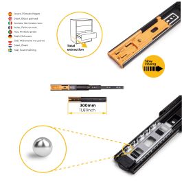 Emuca Lote de 5 juegos de guías para cajones, de bolas, altura 45mm, profundidad 300mm, extracción total, cierre suave, Negro