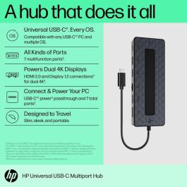 HP Universal USB-C Multiport Hub con 7 Puertos, Passthrough de Datos y Alimentación, Soporte Dual 4K HDMI 2.0 y DisplayPort 1.2 para PC