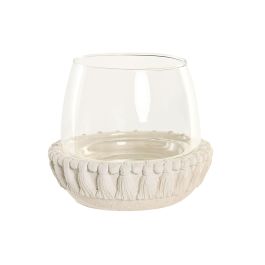 DKD Home Decor Portavela Tropical Blanco de Cemento y Cristal con Relieve 23x23x20 cm - Set de 4 Unidades