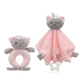 KioKids Set Doudou y Sonajero Gatito Rosa Suave, para Bebé +0 Meses con Mordedor y Sonidos, ayuda a conciliar el sueño