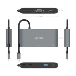 AISENS - USB-C DOCK 8 EN 1, USB-C A 1xHDMI, 1xVGA, 1xRJ45, 2xUSB-A, 2xUSB-C 5G, 1xUSB-C PD, GRIS, 20CM