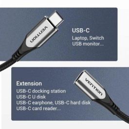 Cable Alargador USB 3.1 Tipo-C Vention TABHF/ USB Tipo-C Macho - USB Tipo-C Hembra/ Hasta 60W/ 5Gbps/ 1m/ Gris