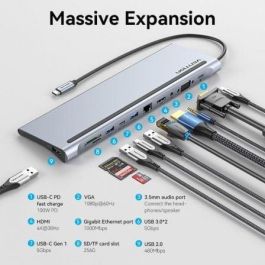 Docking USB Tipo-C Vention THTHC/ 1xHDMI/ 1xVGA/ 3xUSB/ 1xUSB Tipo-C/ 1xUSB Tipo-C PD/ 1xRJ45/ 1xLector Tarjetas SD y MicroSD/ Jack 3.5/ Gris