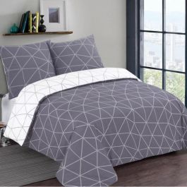 VISION - Juego de cama reversible HUGO gris - 100% Algodón - 1 funda nórdica 260x240cm + 2 fundas de almohada 65x65cm - Gris-blanco