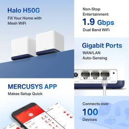 Mercusys Halo H50G Sistema Wi-Fi Malla para Hogar, Doble Banda 2.4/5 GHz, Wi-Fi 5 (802.11ac), Pack de 2 Nodos, Color Blanco