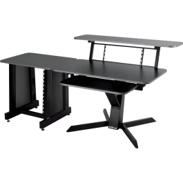 QUIKLOK Mueble Estudio (Workstation) Con Tres Niveles, Bandeja Principal 1120x560mm, Bandeja Superior 1250x324mm, Bandeja Teclado 757x355mm, Acero