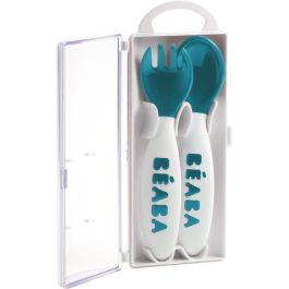 Beaba Set de 2 cubiertos ergonómicos para bebés 2ª edad: Cuchara y Tenedor, agarre fácil, seguro para encías, con estuche, azul