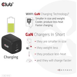 Club3D Cargador de viaje PPS GaN 65W, 2x USB-C + 1x USB-A, Carga Rápida PD 3.0 para Móviles y Portátiles, Negro