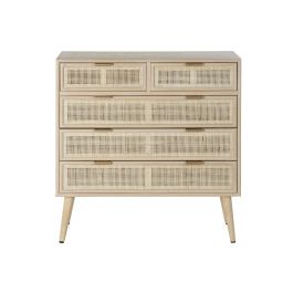 DKD Home Decor Cómoda Scandi Rejilla Natural 5 Cajones Paulownia MDF Marrón Claro Dorado 39.5 x 81 x 80 cm