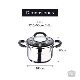 Masterpro Olla Foodies 1,8 l acero inoxidable Ø16x10 cm con tapa de vidrio y asas de silicona, apta para inducción, gas, eléctrica, vitrocerámica y halógeno Bgmp-1504-bk