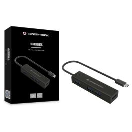 Conceptronic HUBBIES07B Hub USB Tipo C con 4 Puertos USB 3.0 de Aluminio Negro
