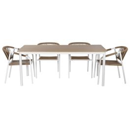 DKD Home Decor Mesa Comedor Terraza y Jardín Blanco Natural Aluminio Resina 180 x 90 x 75 cm Set 7 Piezas