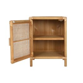 DKD Home Decor Mesita Auxiliar de Abeto y Ratán Tropical con 1 Puerta y 1 Estante Marrón Claro 46x35x60 cm