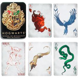 Wondee Barajas de Cartas Harry Potter Poker de Hogwarts con 54 Cartas Inspiradas en las 4 Casas Gryffindor, Hufflepuff, Ravenclaw, Slytherin en Lata Metálica
