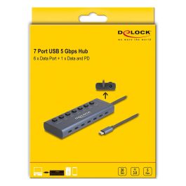 DeLOCK Hub USB-C 63410 con 7 Puertos USB 5 Gbps (6 Datos + 1 Datos/PD 20W), Metal Azul