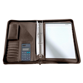 Q-connect Carpeta Portafolios Cremallera 4 Anillas 20mm con Calculadora y Bolsa Móvil, Marrón, Formato A4 (260x355 mm)