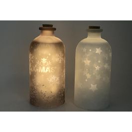 DKD Home Decor Decoración Luminosa Navidad Moderna, Bote de Cristal con LED, Blanco Marrón, 11x11x25 cm, Pack de 2, Funciona con Pilas AA