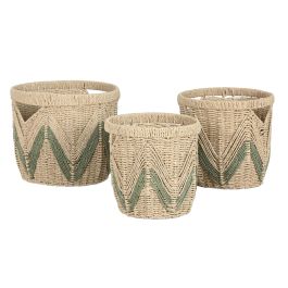 DKD Home Decor Cesta Tropical de Fibra Set 3 Piezas Verde y Marrón Claro 38 x 33 x 38 cm