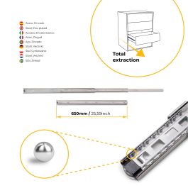 Emuca Lote de 5 juegos de guías para cajones, de bolas, altura 45mm, profundidad 650mm, extracción total, Cincado