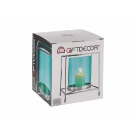 Giftdecor Base Vela Cristal Cuadrada Azul Metal Plata 14 x 14 x 15.5 cm