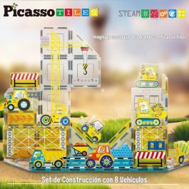 PICASSO TILES Bloques Magnéticos con 8 Vehículos +7 Triángulos, 4 Rectángulos y 26 Cuadrados para +3 Años