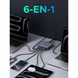 Ugreen Cargador de Escritorio Rápido 200W, 2 USB-A + 4 USB-C, GaN, Negro/Gris