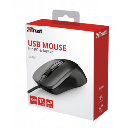 Trust Ratón Óptico Carve con Cable USB 1200DPI Ambidiestro 3 Botones Negro
