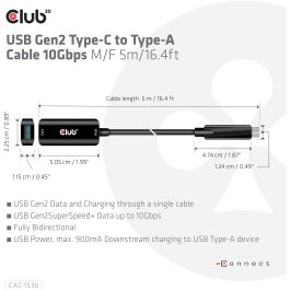 Club3D Cable USB 3.2 Tipo C a USB Tipo A 10Gbps 5m