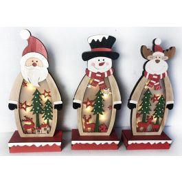 DKD Home Decor Decoración Luminosa Navidad Tradicional Set 6 Unidades Madera LED Rojo Blanco Natural 5x28x12 cm Pilas AAA