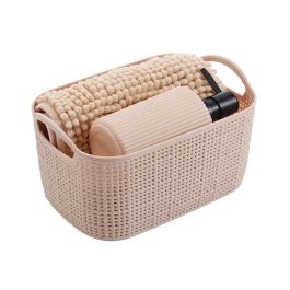 Berilo Set 3 Piezas Baño Beige Plástico y Tela con Alfombrilla de 38x58cm y Cesta de 23.7x16x14cm (Set de 12)