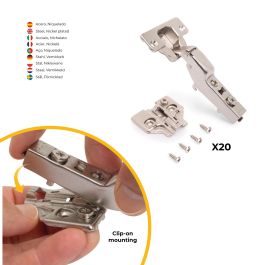 Emuca Lote de 20 bisagras codo X92 con cierre suave y suplementos para atornillar, Acero, Niquelado
