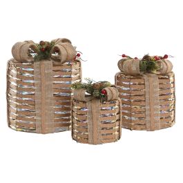 DKD Home Decor Adorno Navideño Alpina LED de Ratán y PE Natural Multicolor, 25x25x30 cm, Set de 3 Piezas (Pack de 2)