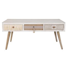 DKD Home Decor Mesa Centro Boho Blanco Natural Madera de Abeto y Algodón 110x60x50 cm