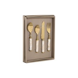 DKD Home Decor Cubertería Moderna de Acero Inoxidable y Nácar Blanco y Dorado, 16 Piezas