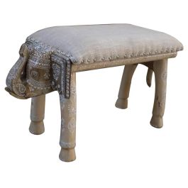 DKD Home Decor Descalzadora Indio Elefante Hecha a Mano de Madera de Mango y Poliéster Blanco Natural, 65x31.7x38 cm, Altura Asiento 43 cm