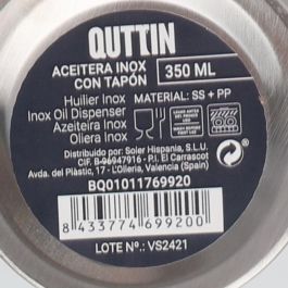 Aceitera de acero inoxidable 350 ml con tapón Quttin (12 Unidades) Aceitera de acero inoxidable 350 ml con tapón Quttin (12 Unidades)
