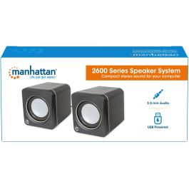 MANHATTAN 2600 Series Stereolautsprecher ber 3.5 mm-Klinkenstecker Strom ber USB-A kompaktes Format fr PCs und Notebooks schwarz