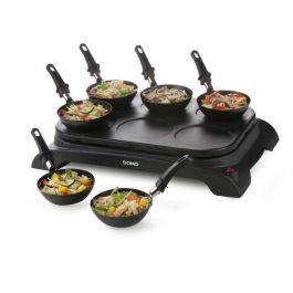 Domo DO8710W Crepiere + Wok 2 en 1, Bandeja Antiadherente para Panqueques y 6 Sartenes Wok para 6 Personas, 1000W, Negro