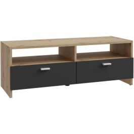 Mueble TV PILVI - Estilo contemporáneo - Decoración Roble y Negro - 2 solapas + 2 nichos - L 95 x P 36 x H 34,5 cm Mueble TV PILVI - Estilo contemporáneo - Decoración Roble y Negro - 2 solapas + 2 nichos - L 95 x P 36 x H 34,5 cm