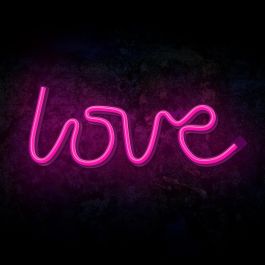 Forever Letrero Neon LED LOVE Pink para Decoración - Lámpara Rosa, Funciona con USB y Pilas, Cable 2m, Base con Interruptor