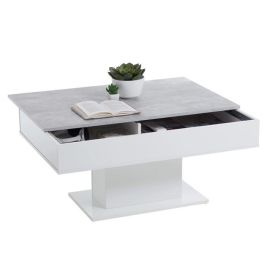 Mesa de centro bicolor con tapa corrediza - Decoración LA gris hormigón y blanco brillante - L100 x H46,1 x D65 cm - Fabricada en Alemania