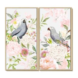 DKD Home Decor Cuadro Shabby Flores Loro Rosa Gris 120x60x4 cm Lienzo Hecho a Mano (2 Unidades)