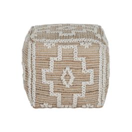 DKD Home Decor Reposapiés Boho Hecho a Mano de Yute, Lana, Algodón y Madera de Mango Natural y Blanco 45x45x45 cm