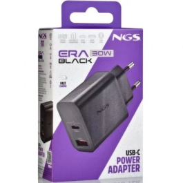 NGS Cargador Pared GaN ERA30WBLACK 30W 2 Puertos USB-C y USB-A Ultrarrápido