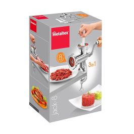 Metaltex Picadora de Carne Manual 3 en 1 con Disco de Acero Inox ø66 mm y Accesorios para Salchichas y Galletas