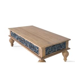 Giner y Colomer Mesa de Centro de Teca Maciza Bicolor Natural y Azul Tallada a Mano